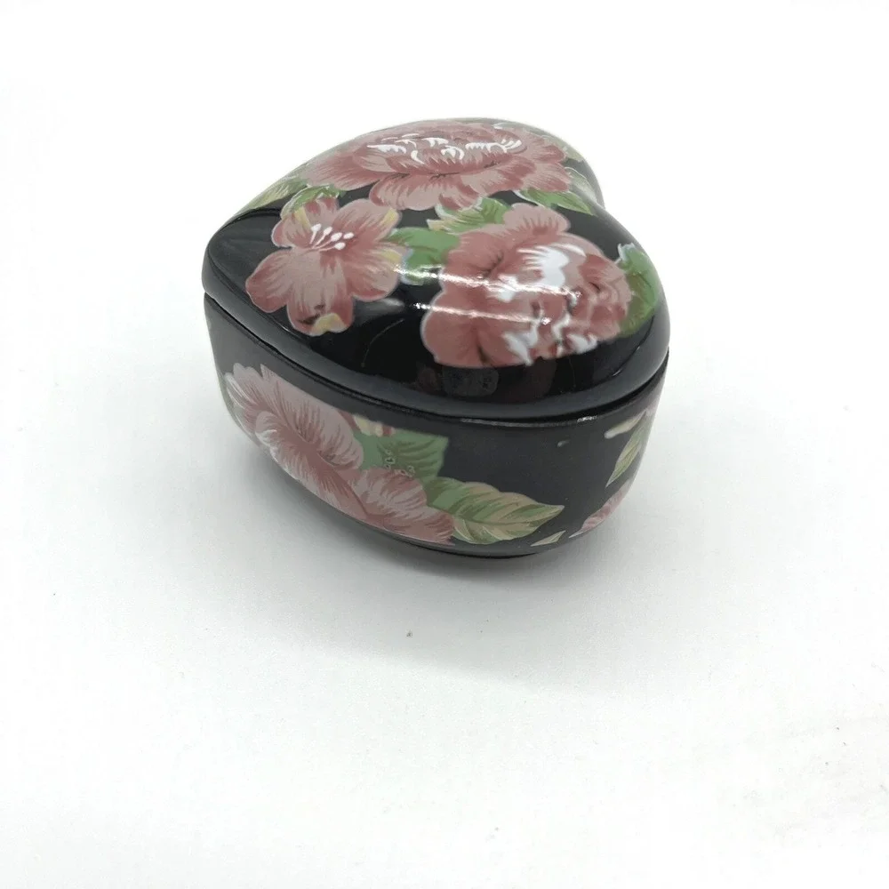 Otagiri Tavistock Floral Garden Heart Trinket Box Black Pink Roses Hinged Lid‎